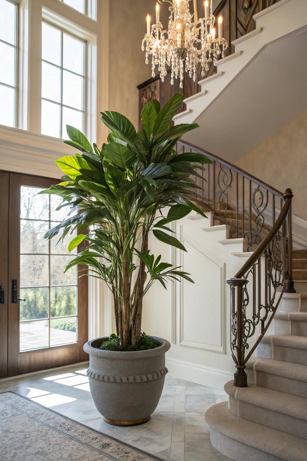 Striking foliage contributes vitality and a hint of nature to the entryway.