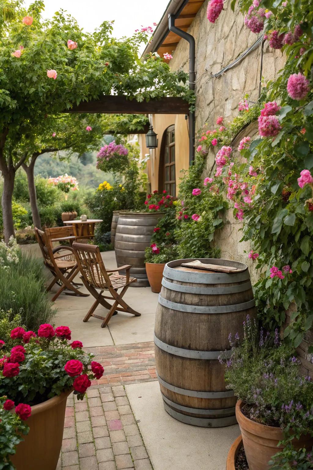 Wine barrels add a rustic flair to water storage out of doors.