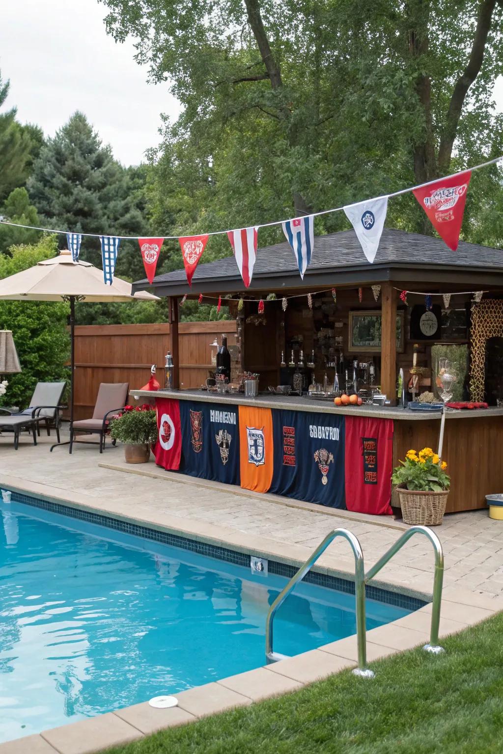 A sports-themed bar sets the stage for excitement by the pool.