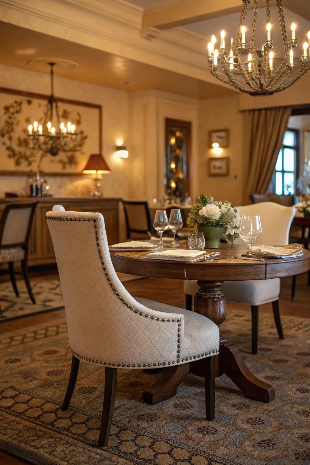 An accent chair at the dining table's head introduces a personal touch.