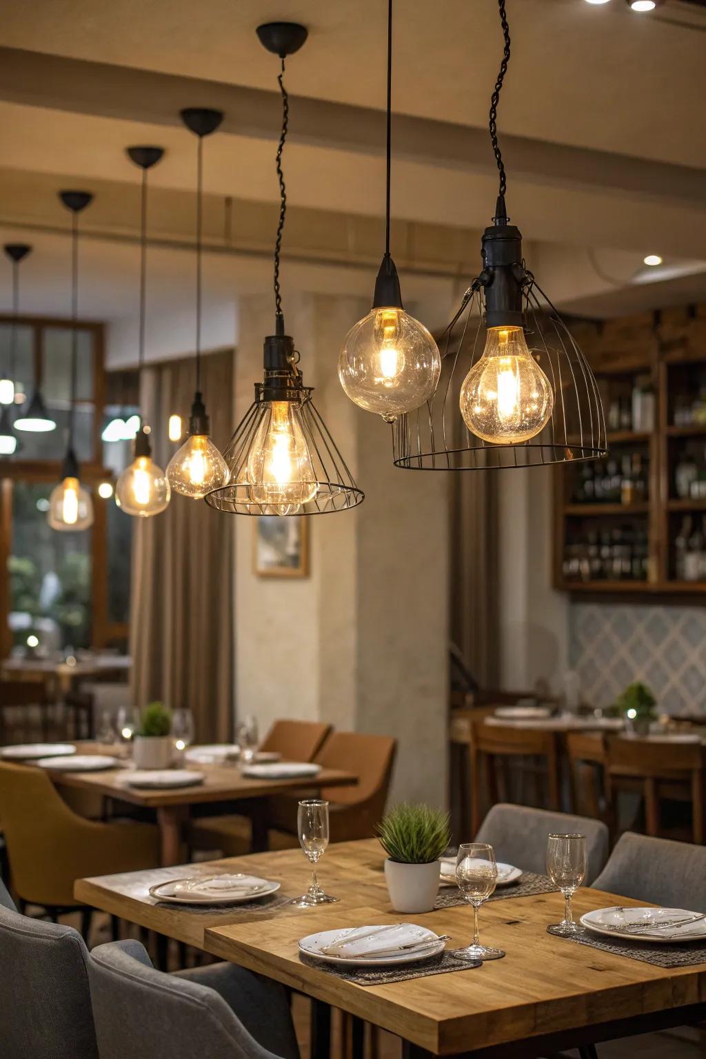 Grouped pendant lights offer a chic dining experience.