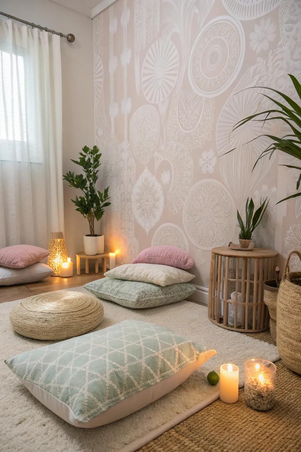 Calm pastel wallpaper turns an area into a quiet meditation nook.