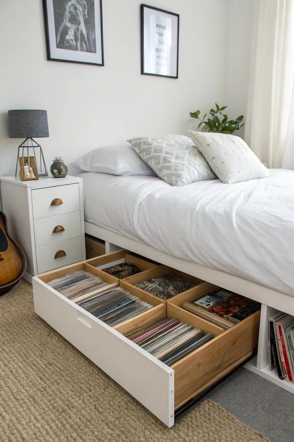 Under-bed storage boxes providing a discreet way to store vinyl records.