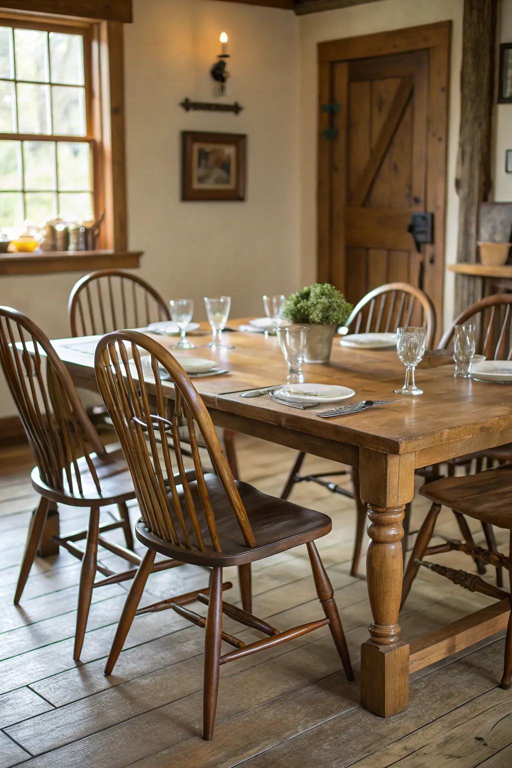 Spindle-back seats injecting classic charm to a colonial eating space.