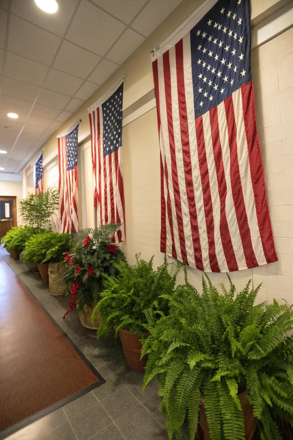 Flags artfully paired with ferns offer a vibrant and refreshing design statement.