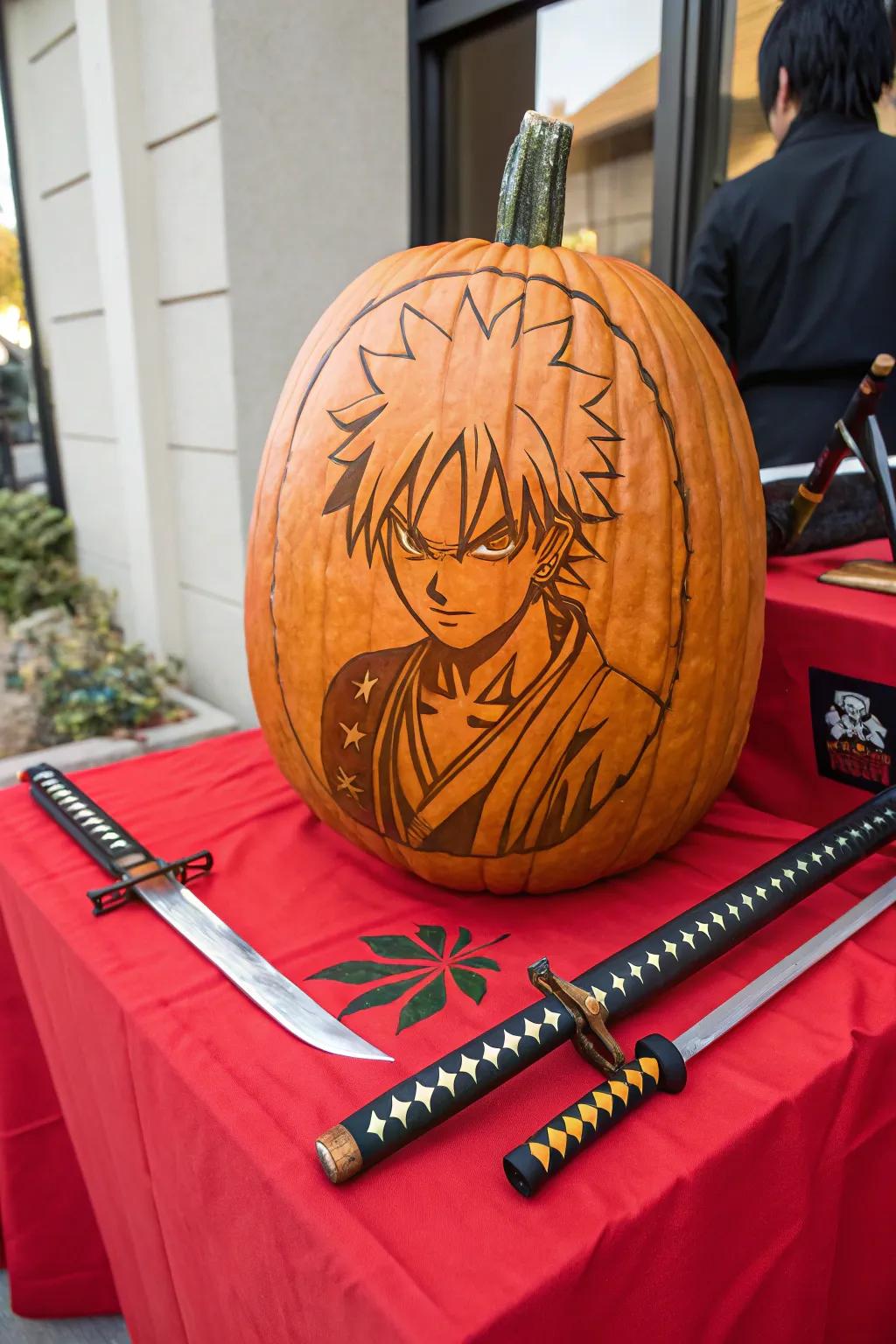 Celebrate your beloved anime hero with a carved pumpkin tribute.