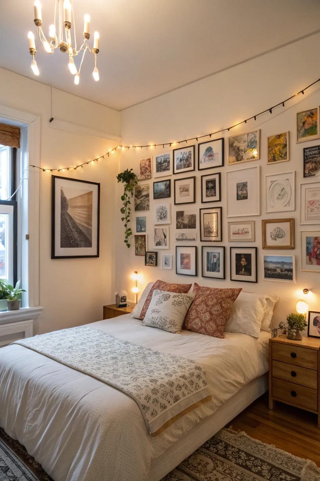 An apartment bedroom featuring a personalized gallery wall of artwork and photos.