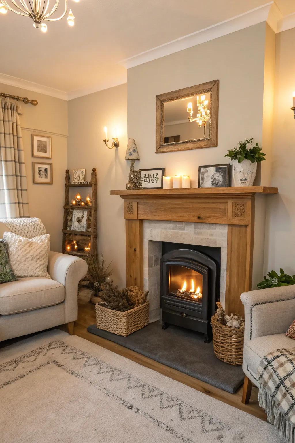 A fireplace acts as a soothing central feature in this cozy living area.
