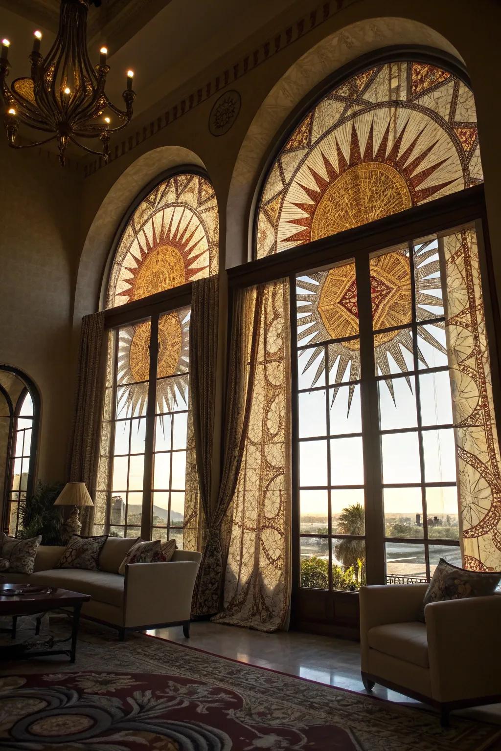A dramatic living space features a sunburst textile motif on arched windows, capturing light and attention.