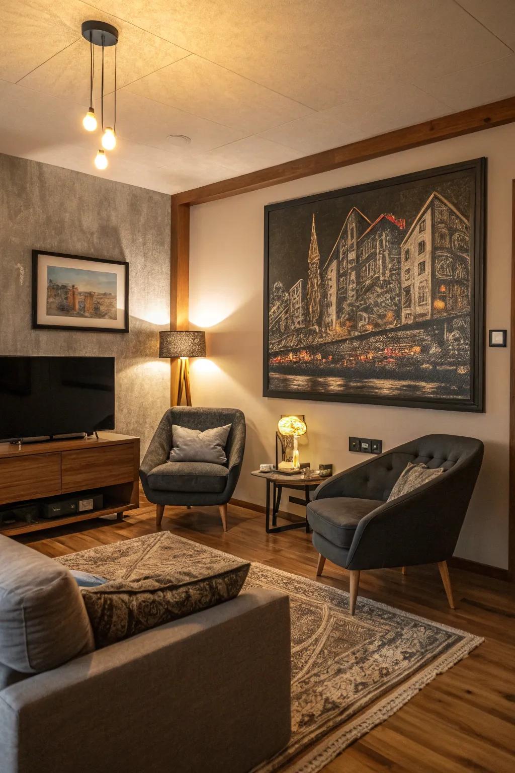 A scratch art painting contributes texture and richness to this inviting lounge.