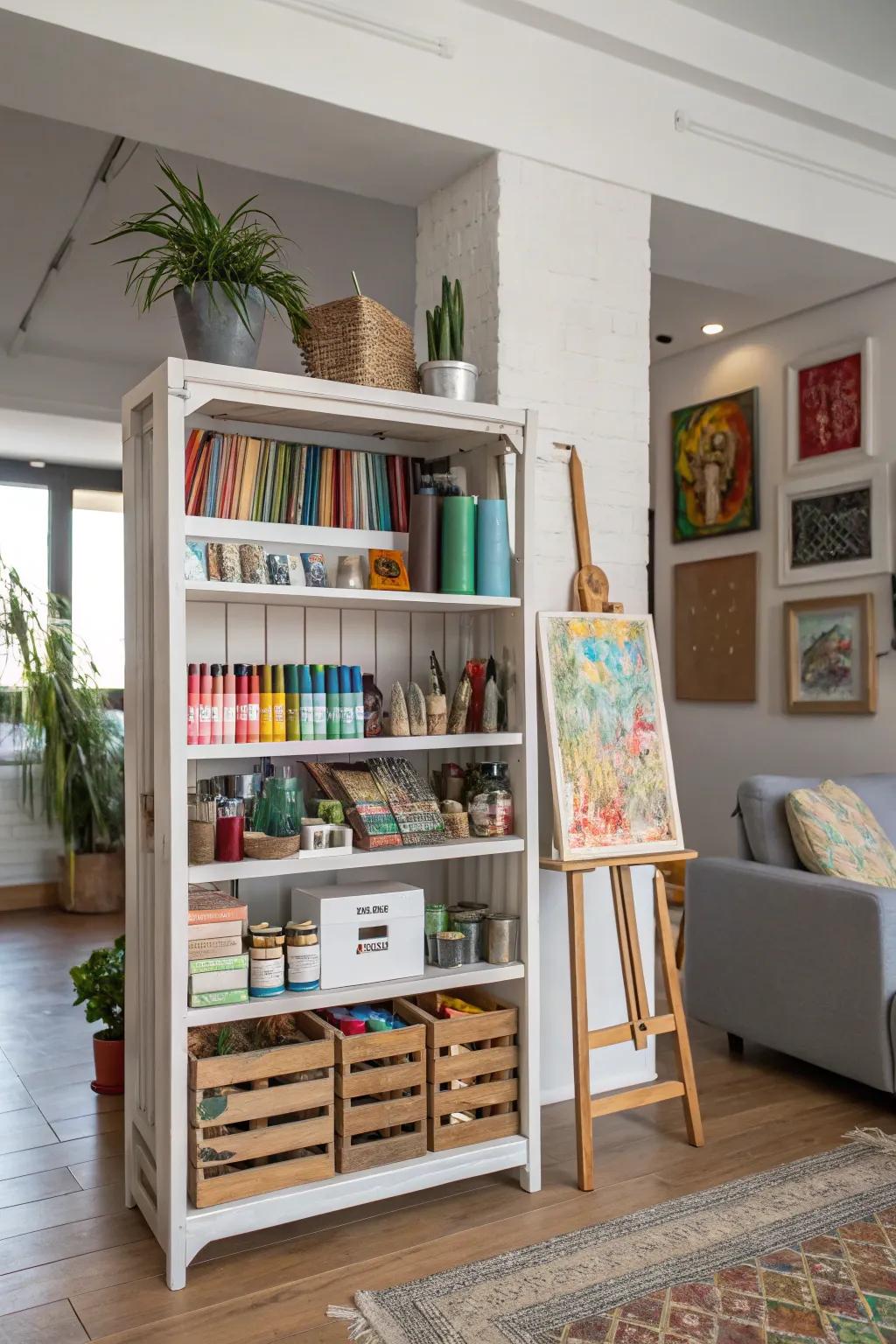 Repurposed bookshelves are perfect for displaying art supplies.