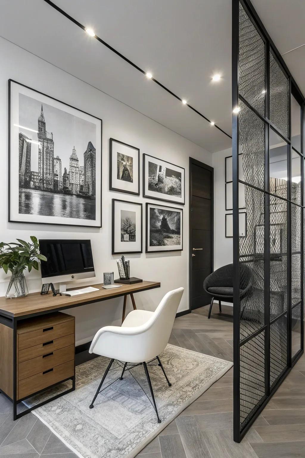 Black and white artistry promotes focus and precision in the office.