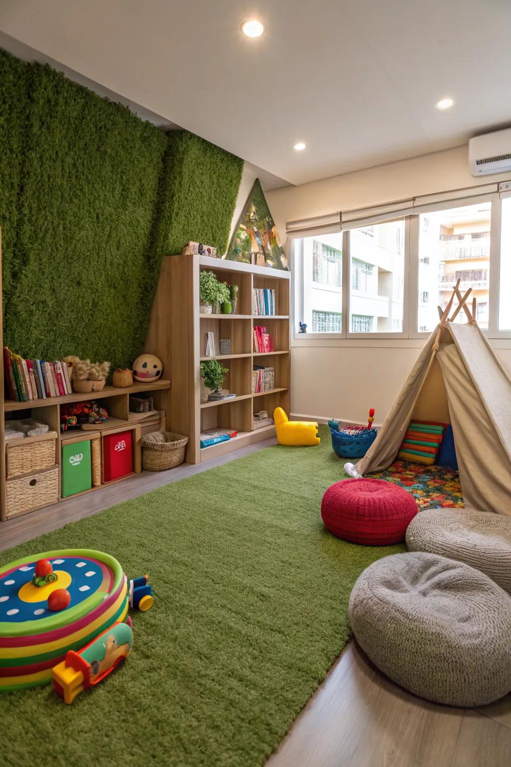 A playful children's playroom featuring an artificial grass wall for added fun.