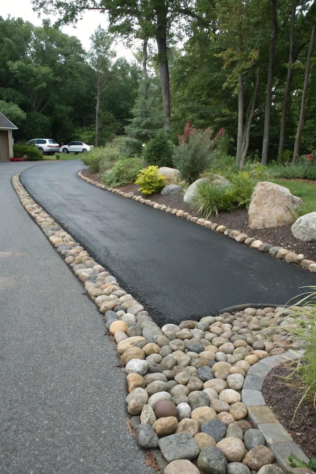 River stones bring natural beauty and serenity to this welcoming driveway.