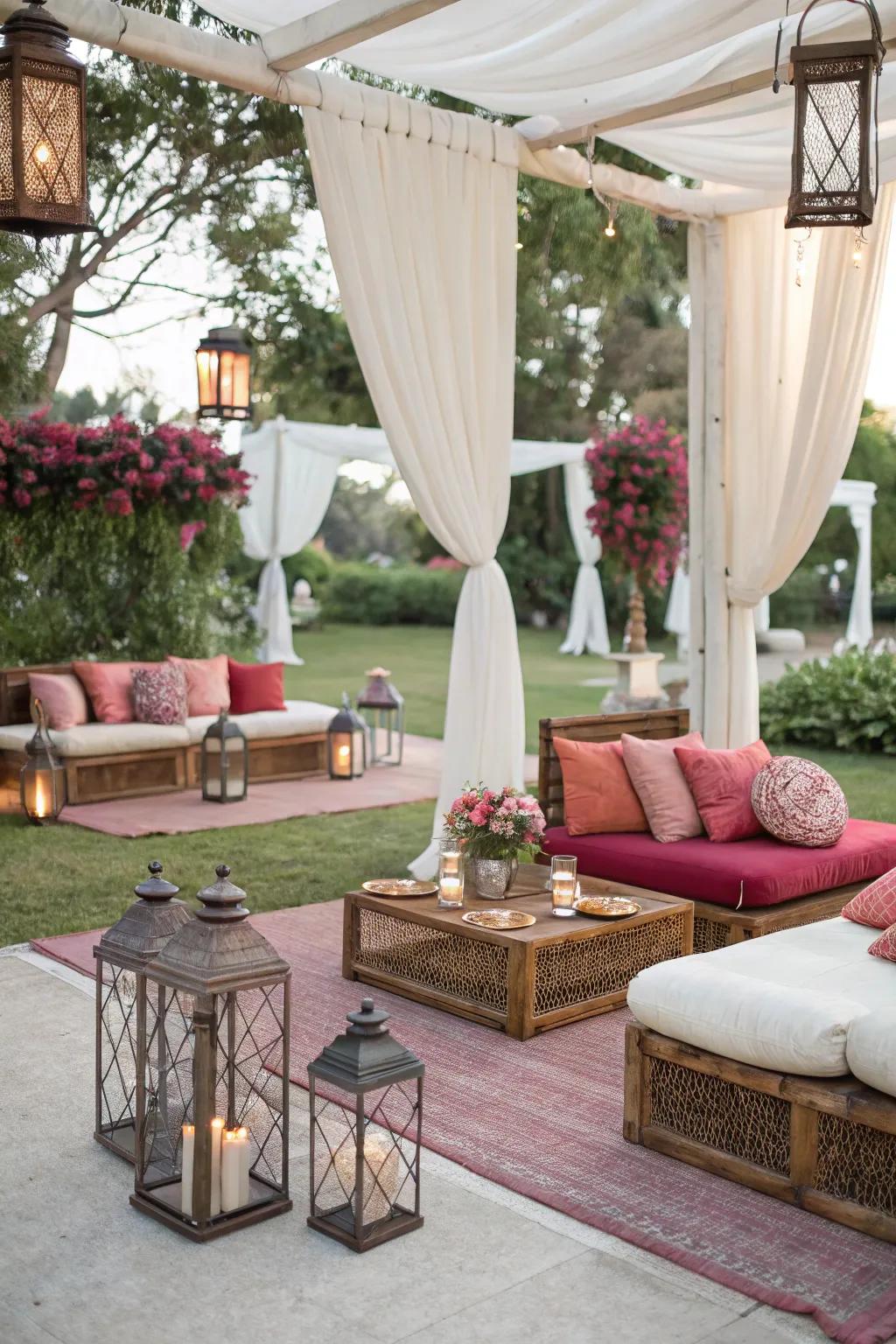 A cozy lounge area offers guests a relaxing space at the wedding.