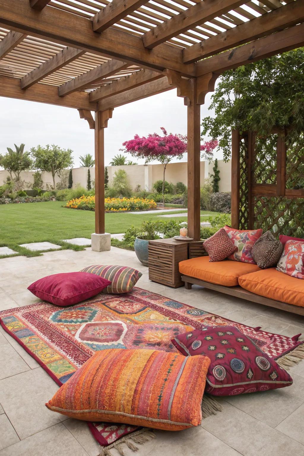 Vibrant textiles infuse vibrancy into your patio decor.
