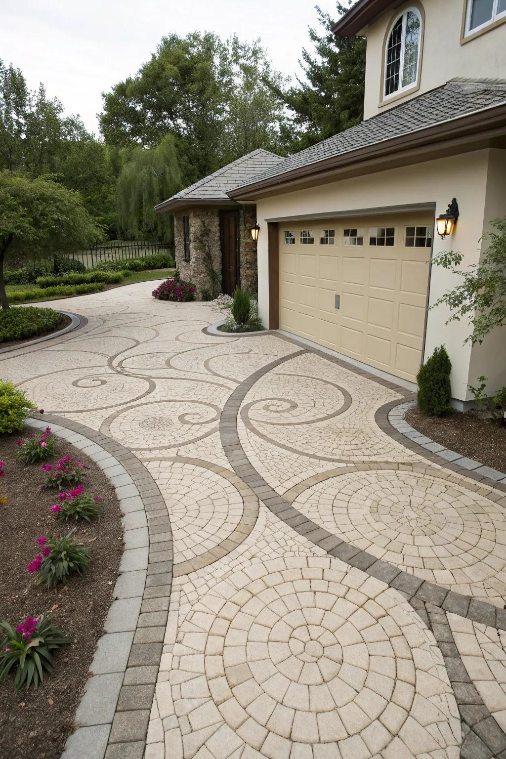 A driveway with unique paving patterns that adds character to the property.