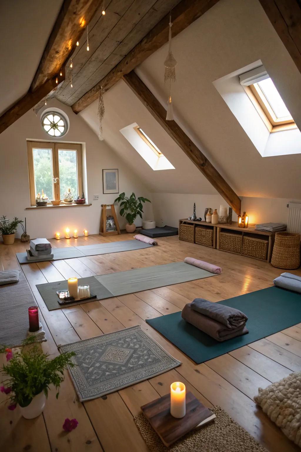 Find peace and tranquility in an attic yoga space.