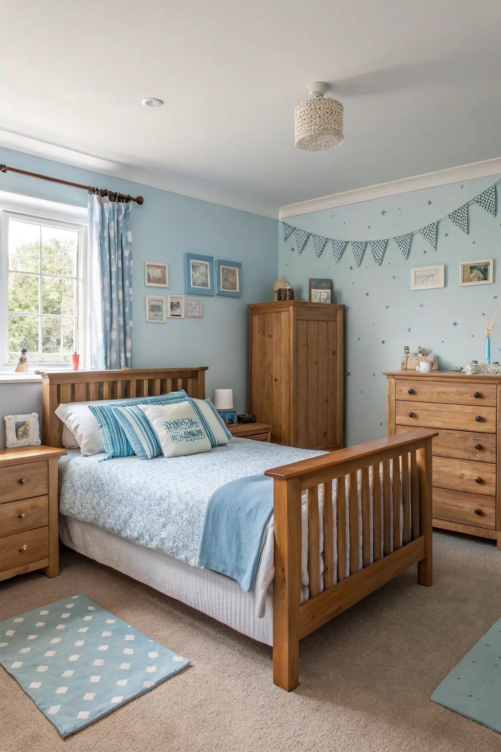 Wood accents bring comfort and balance to a sky blue bedroom.