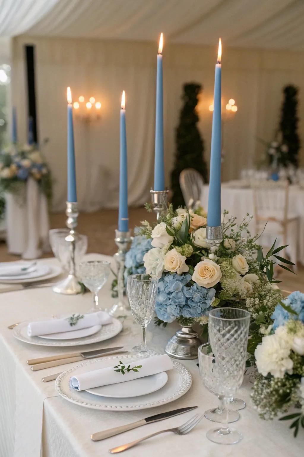 Sky thin candles contribute a romantic shimmer to the tablescape.
