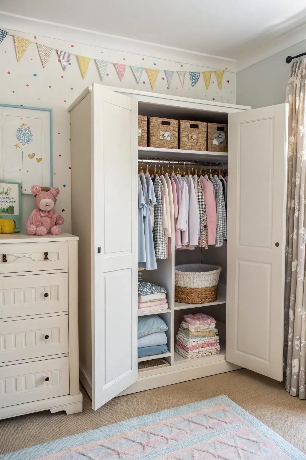 A see-through closet makes the room feel like a shop.