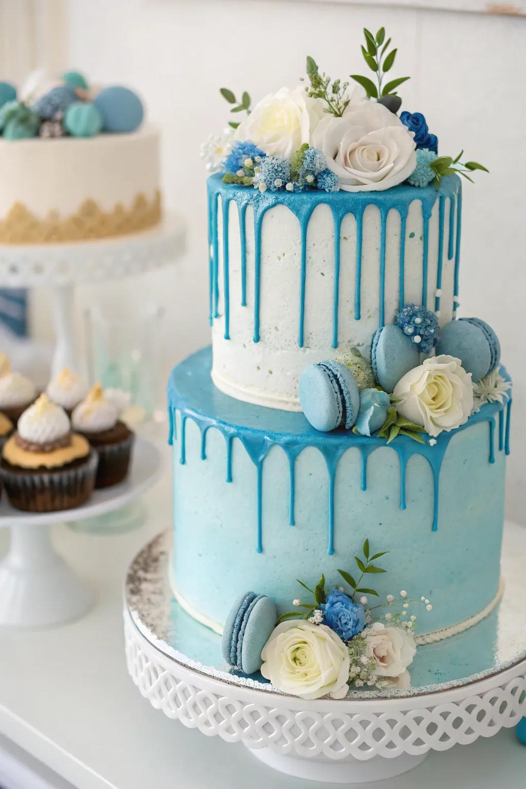 A modern drip cake with a touch of elegance for a baby boy shower.