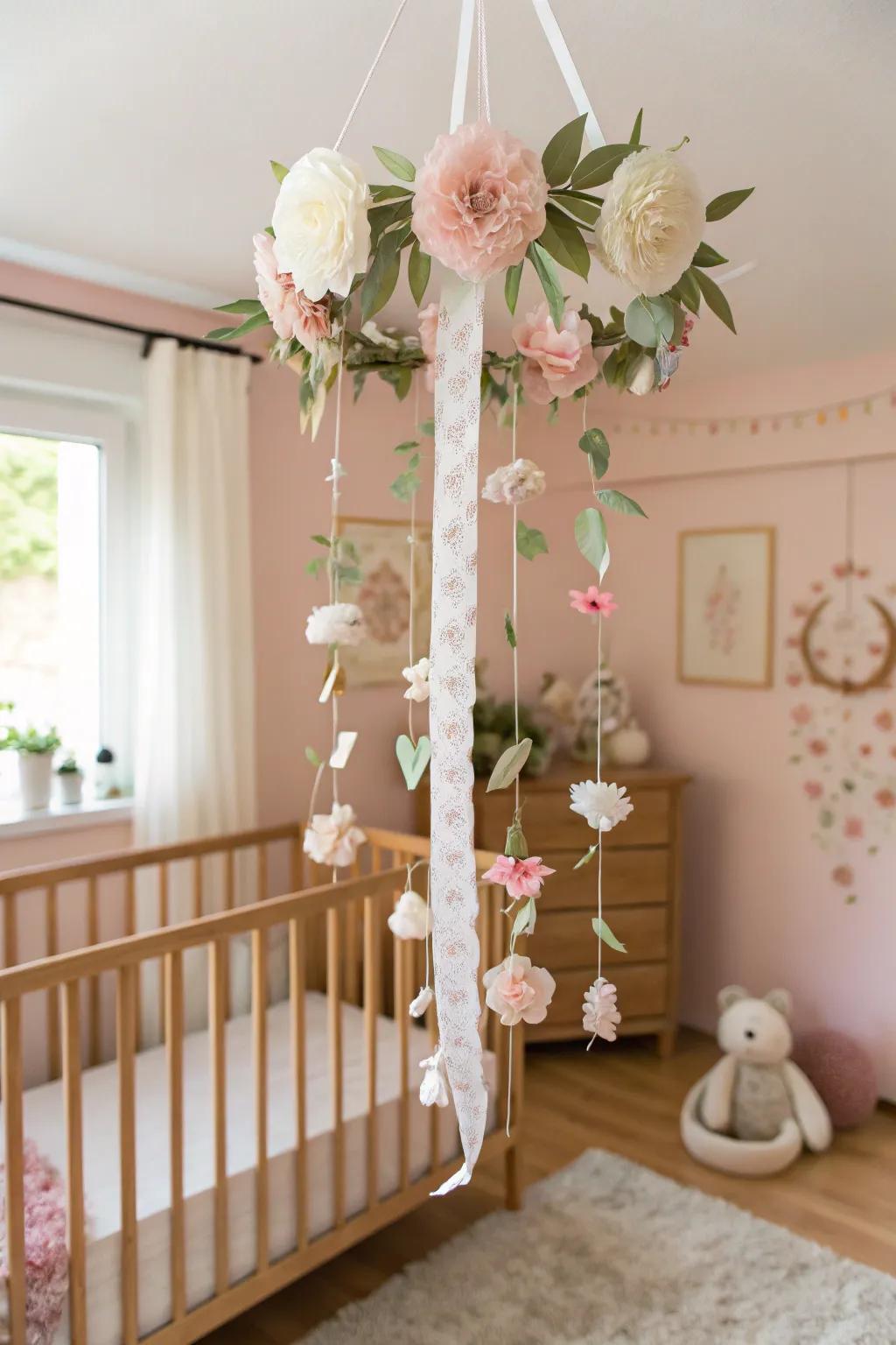 A blossom ceiling mobile adds a delightful touch.