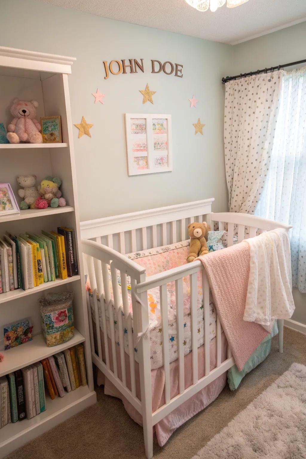 A personalized name sign adds a unique touch to the nursery.