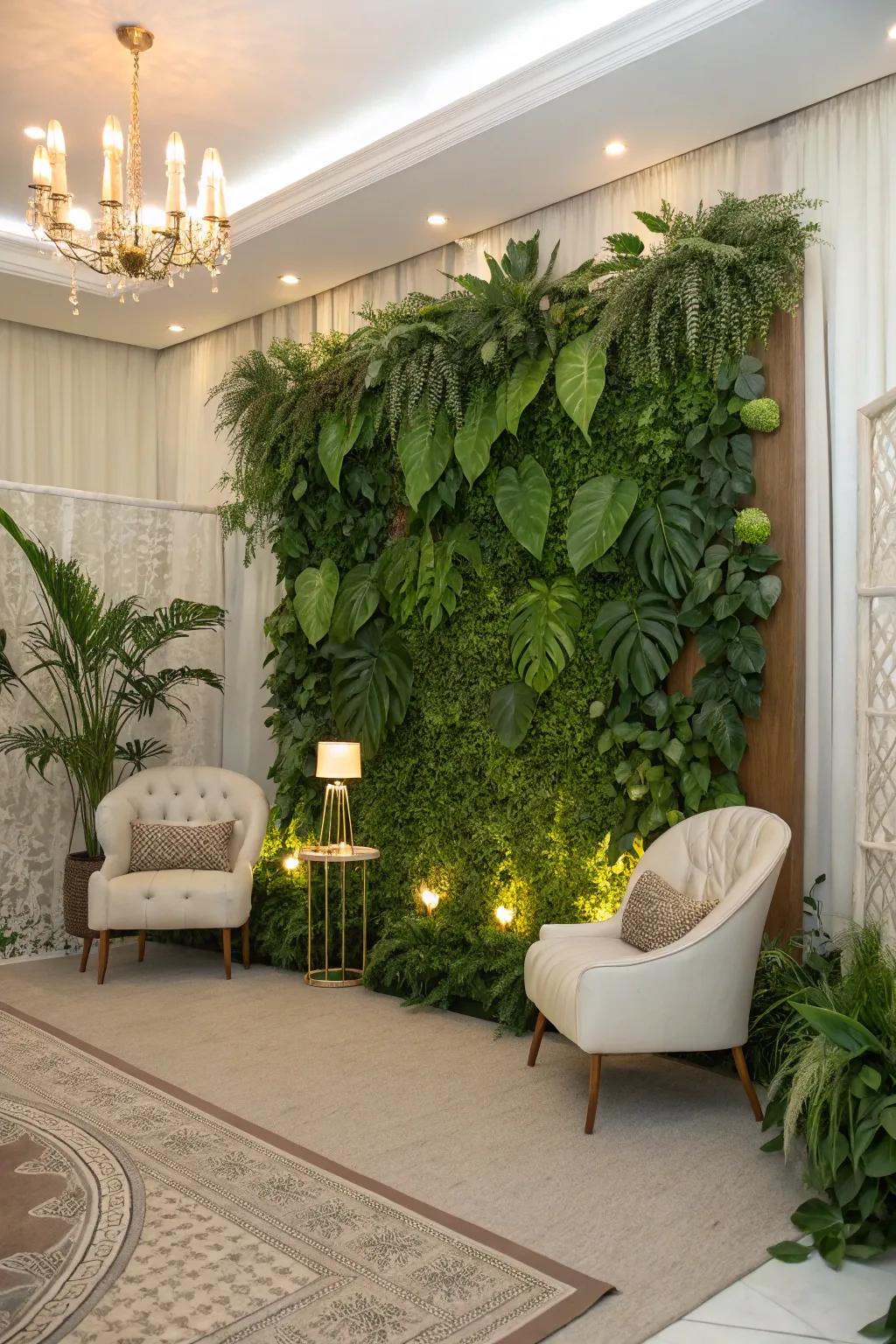A greenery wall brings a fresh, natural feel to the design.