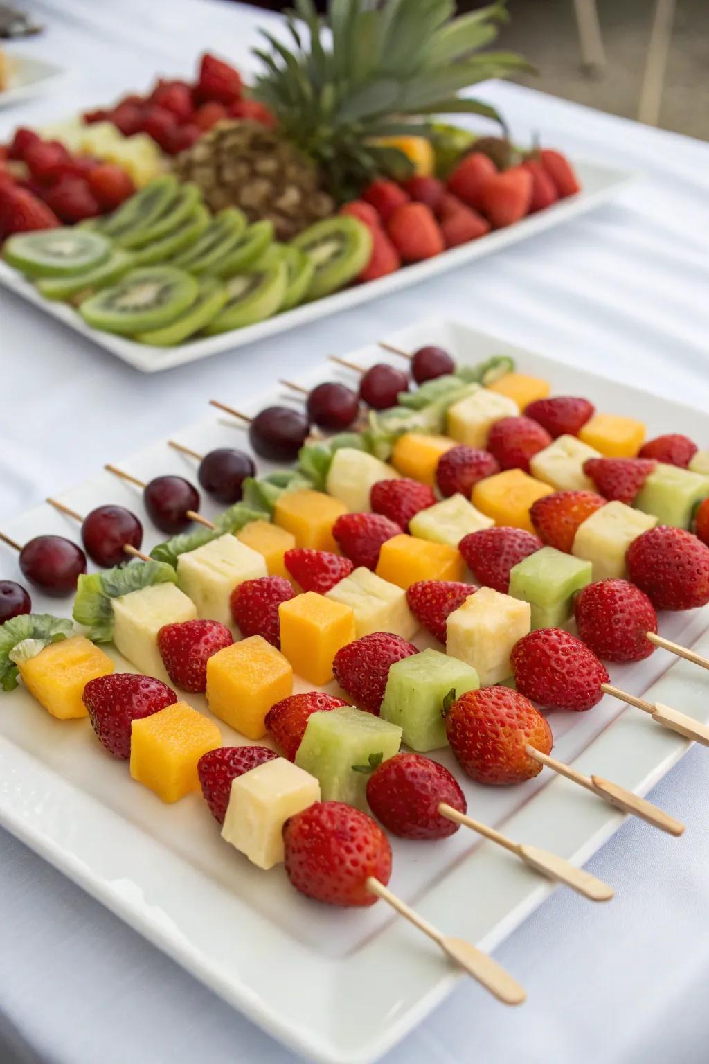 Colorful fruit sticks arranged elegantly.
