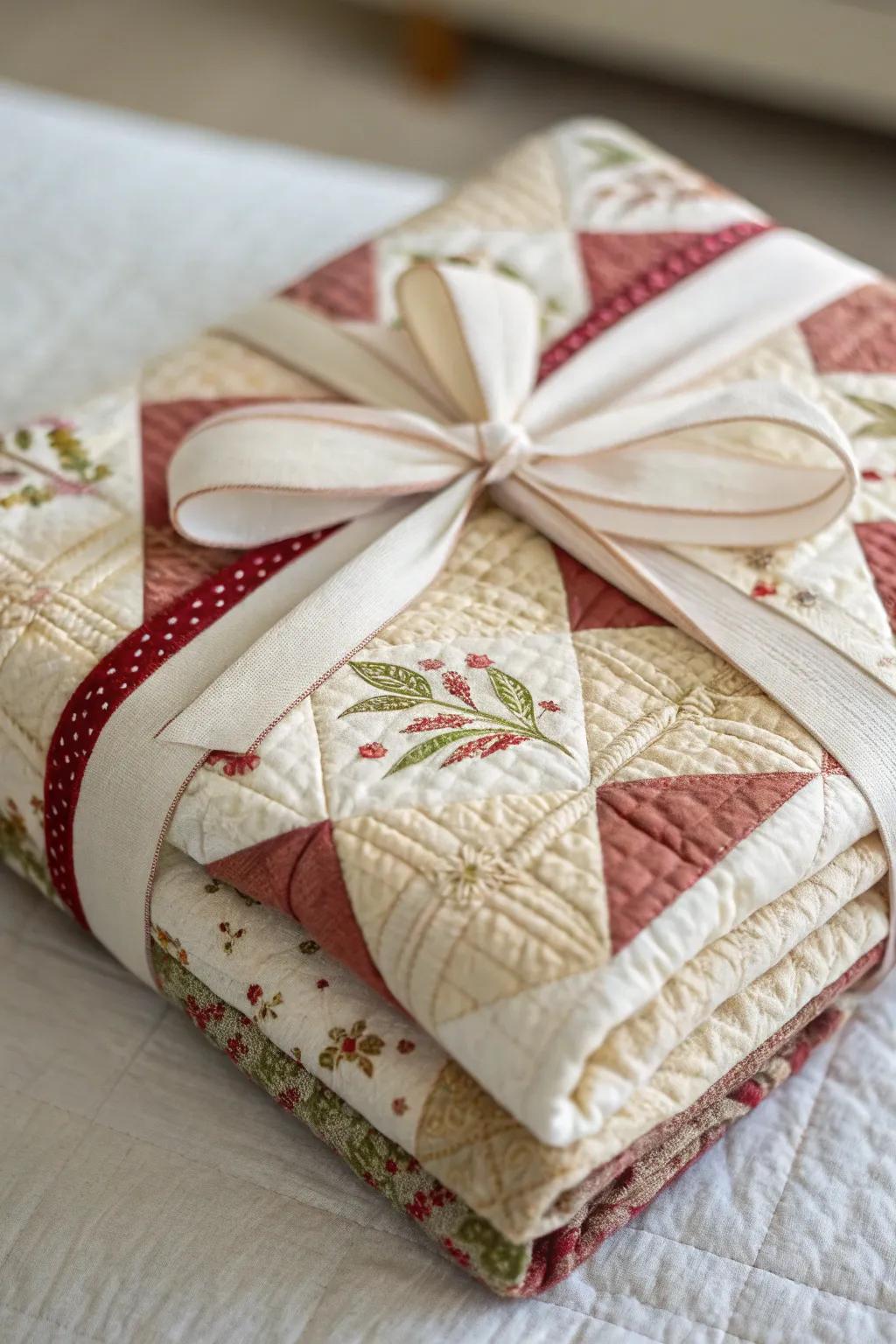 A cozy and unique gift wrap using a quilt, ideal for a baby shower.