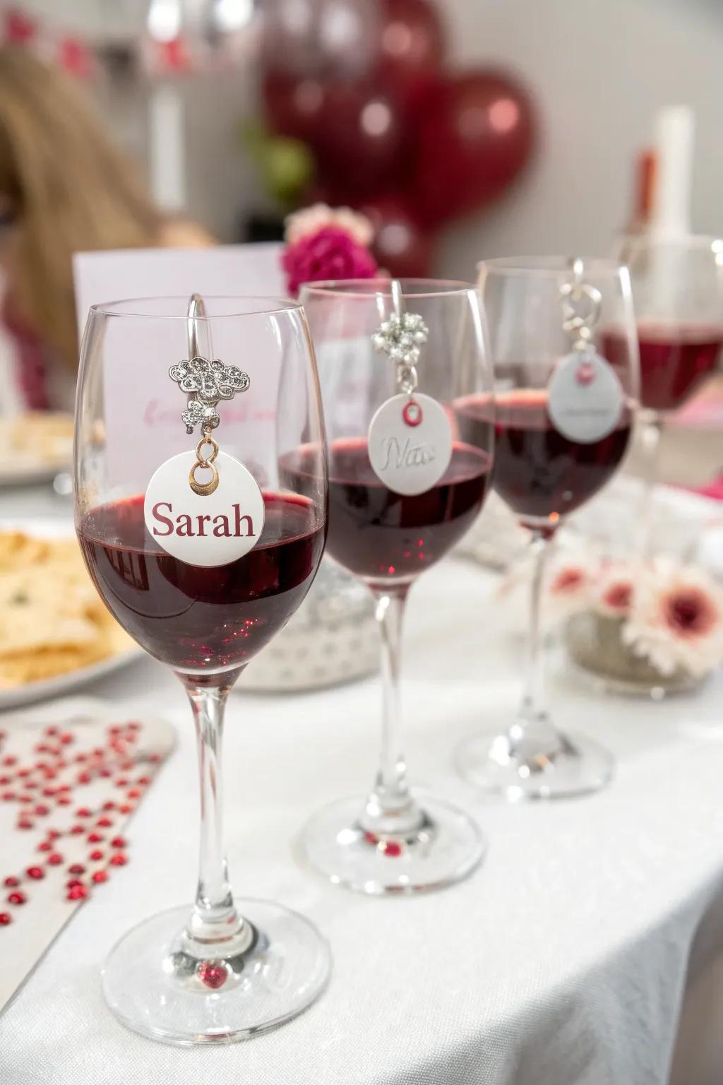 Wine glasses with personalized charms.