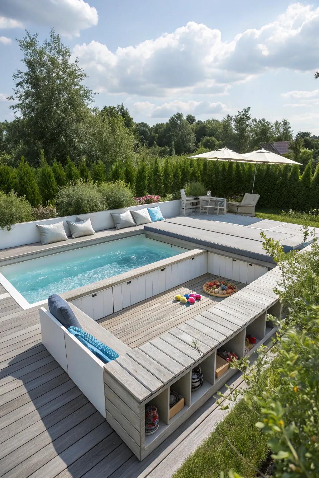 Your pool deck is kept tidy and arranged with hidden storage.
