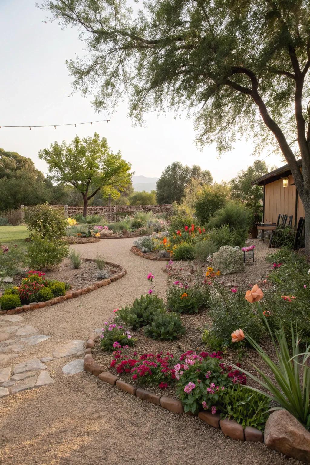 Finely crushed rock as surface covering offers weed prevention and enhanced drainage.