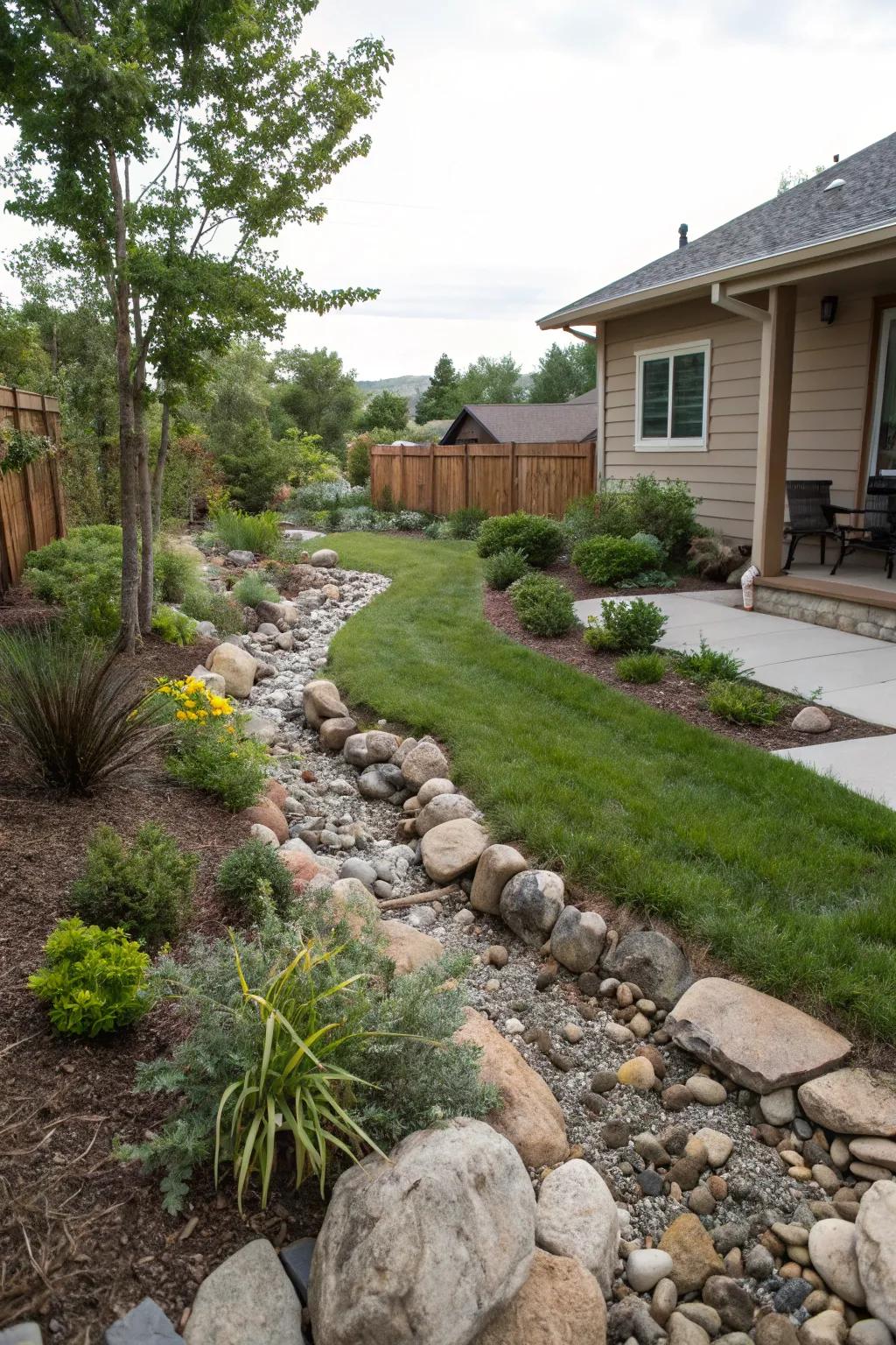 An arid stream bed adding charm and practicality to an outdoor space.