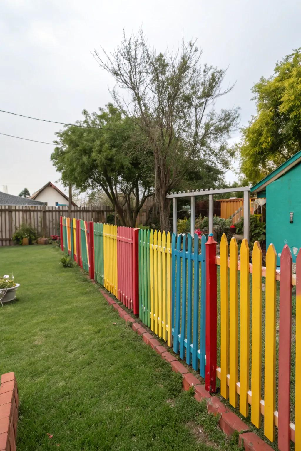A brightly painted fence adds a vibrant explosion of color.