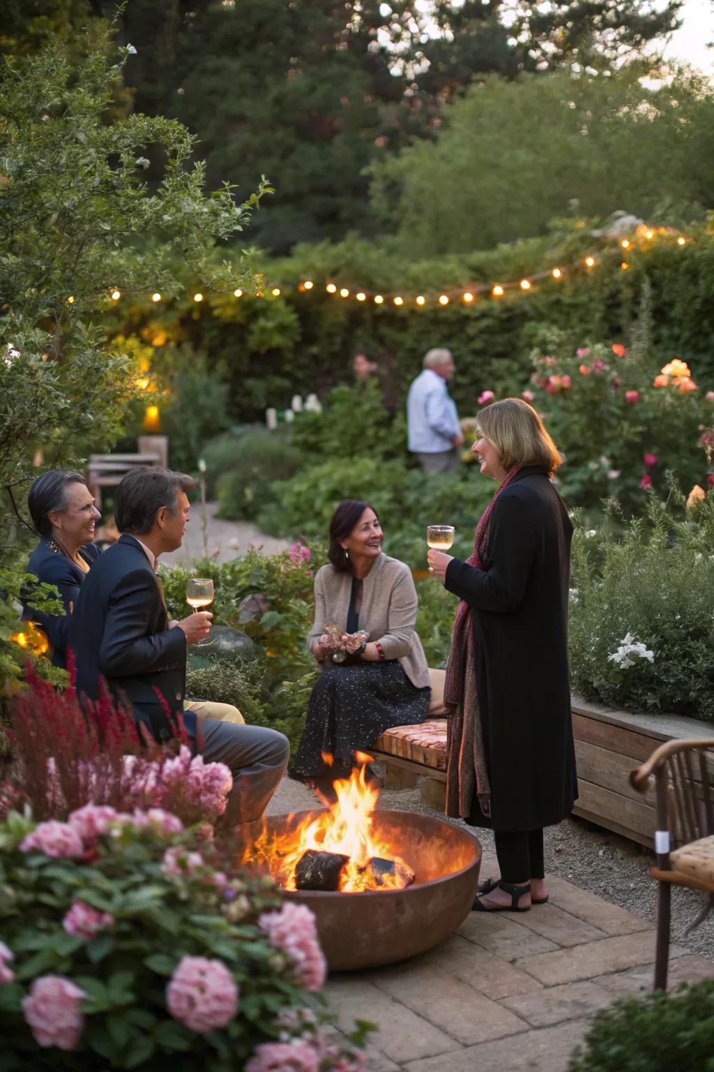 A fire pit turns into a warm social point on cooler nights.