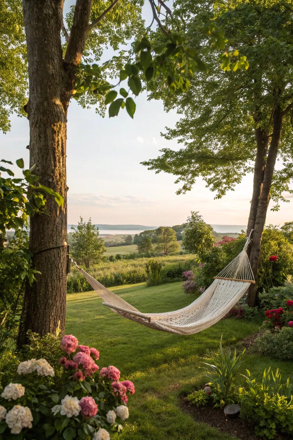 A swing bed between trees is the perfect spot for unwinding.