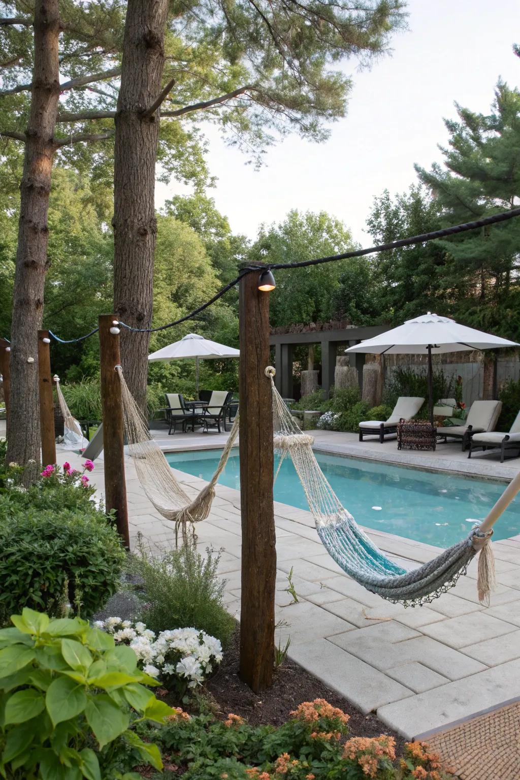 Unwind in style with poolside hammocks.