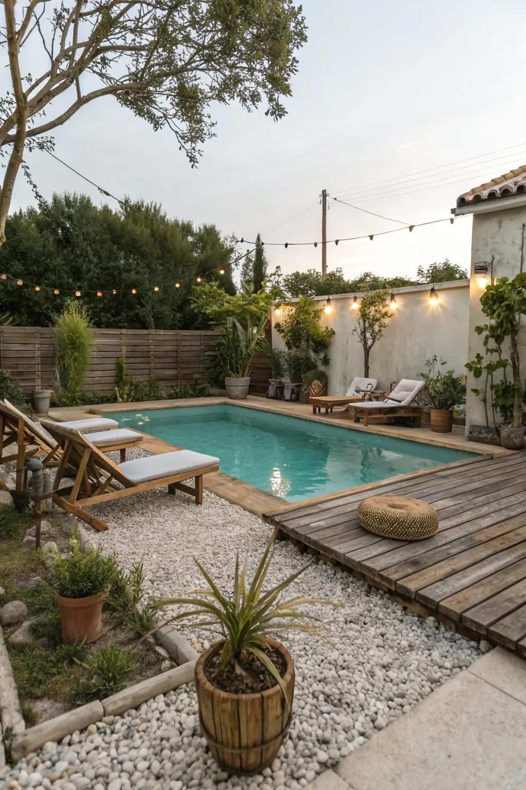 A rustic pool border crafted from natural crushed stone.
