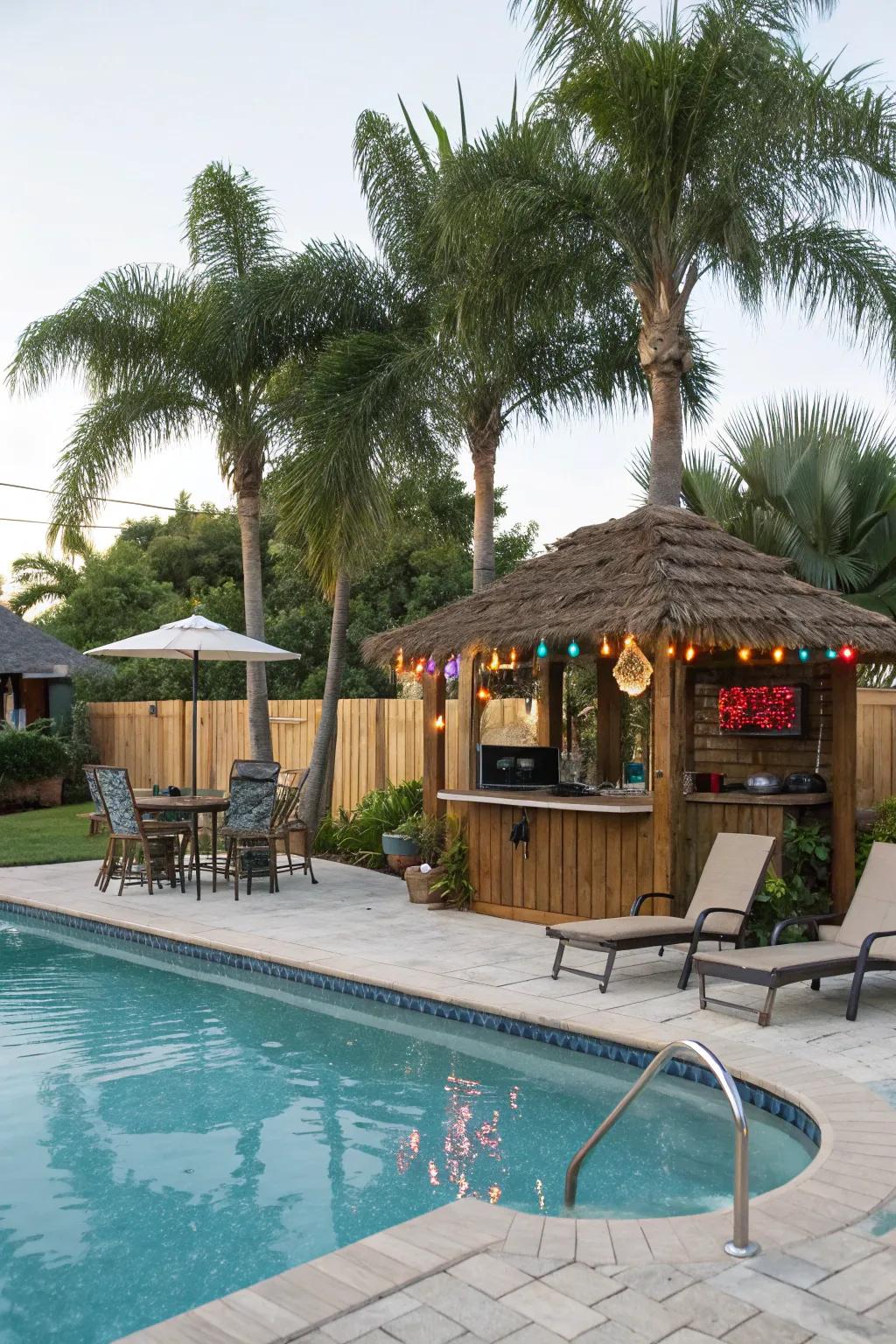 A petite wood bar appends a tropical and pleasurable contact to the pool sector.