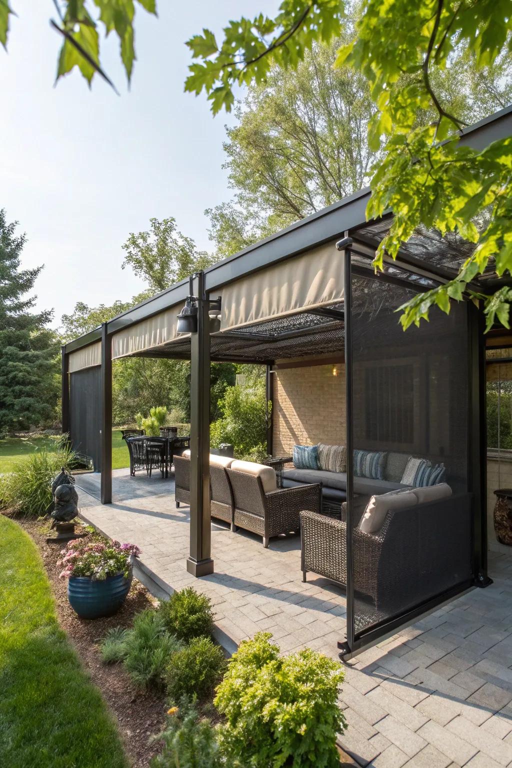 Rolling screens offer adjustable patio privacy.