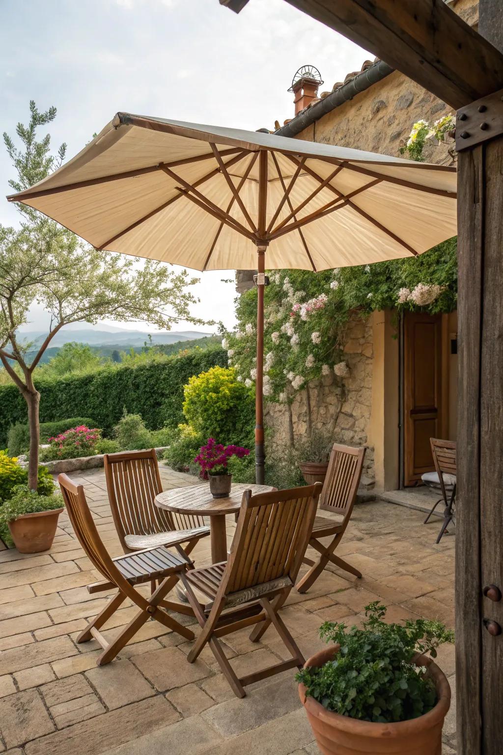 A rustic farmhouse patio with a wooden sunshade.
