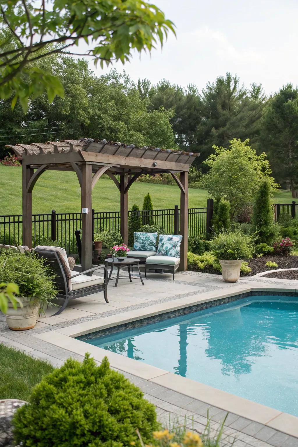 A pergola provides a shaded retreat by the pool.