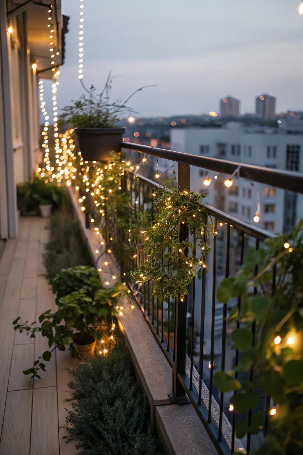 Sun-kissed fairy lights are an earth-friendly and fanciful choice for balconies.