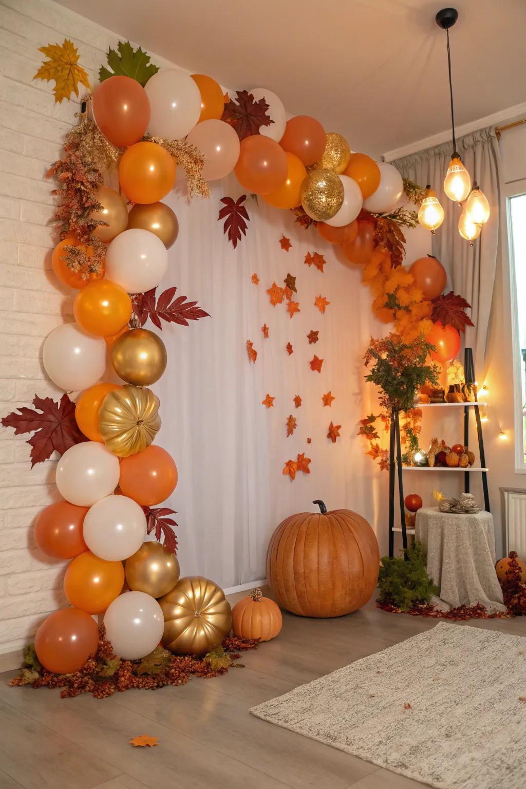 A seasonal theme balloon backdrop perfect for autumn celebrations.