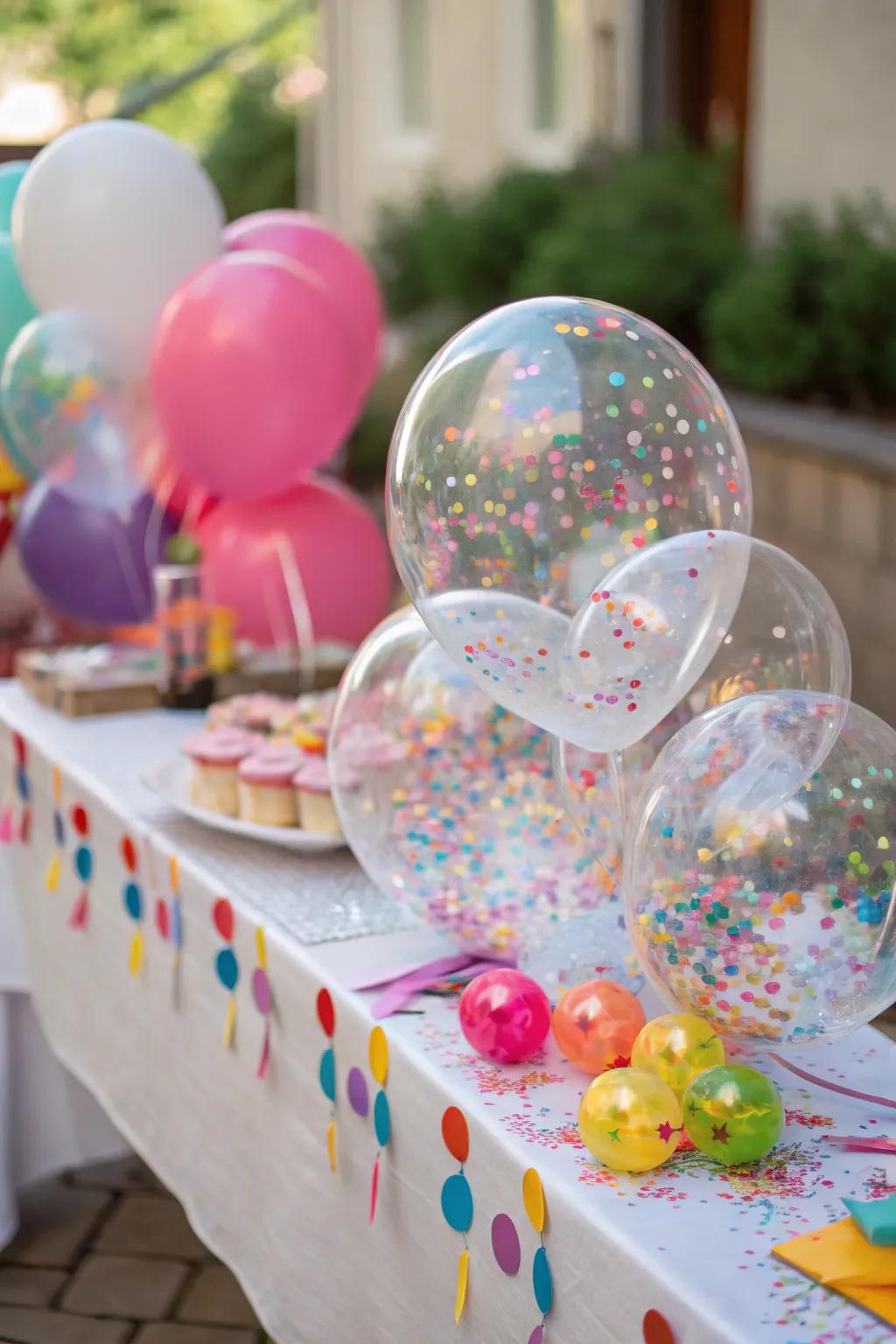 Confetti-laden balloons append a playful surprise.