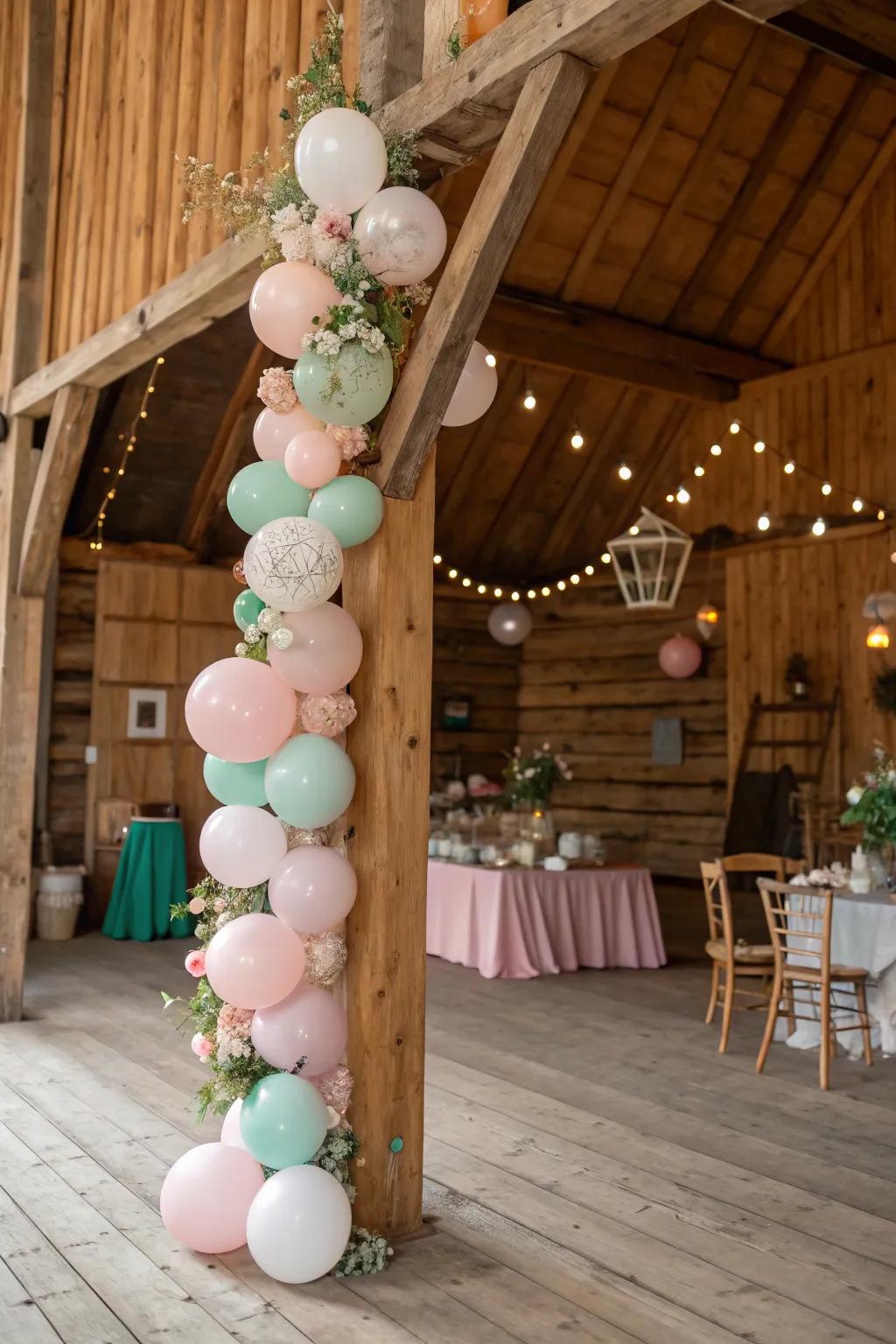 Rustic balloon garland setting a charming atmosphere.