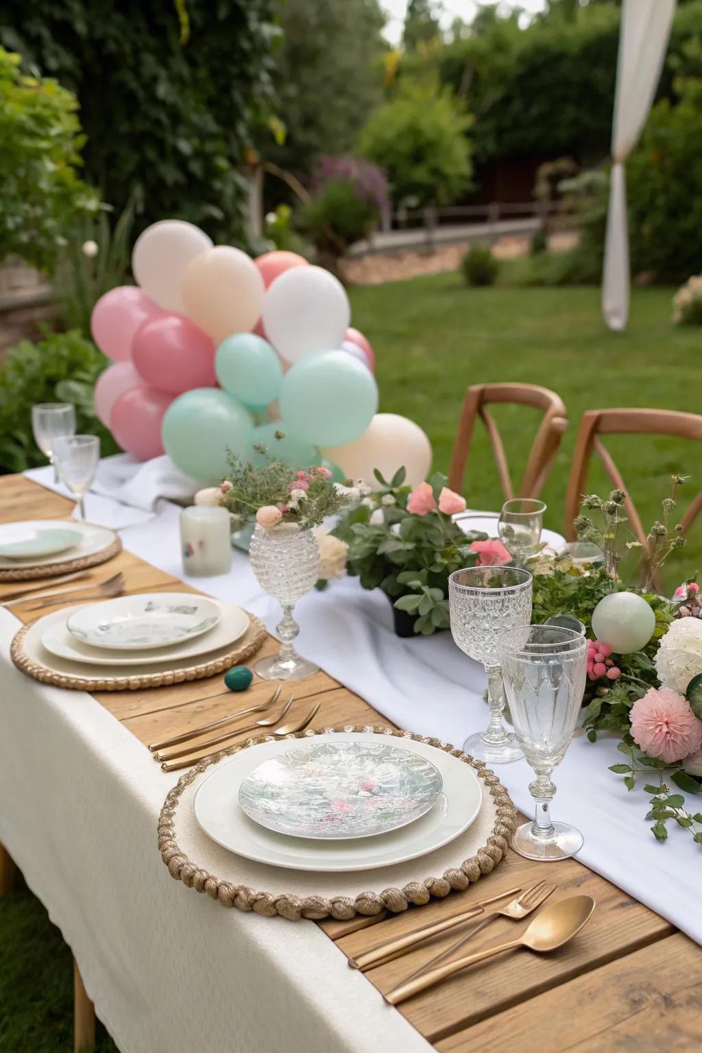A whimsical balloon table runner turning a simple table setting into a playful display