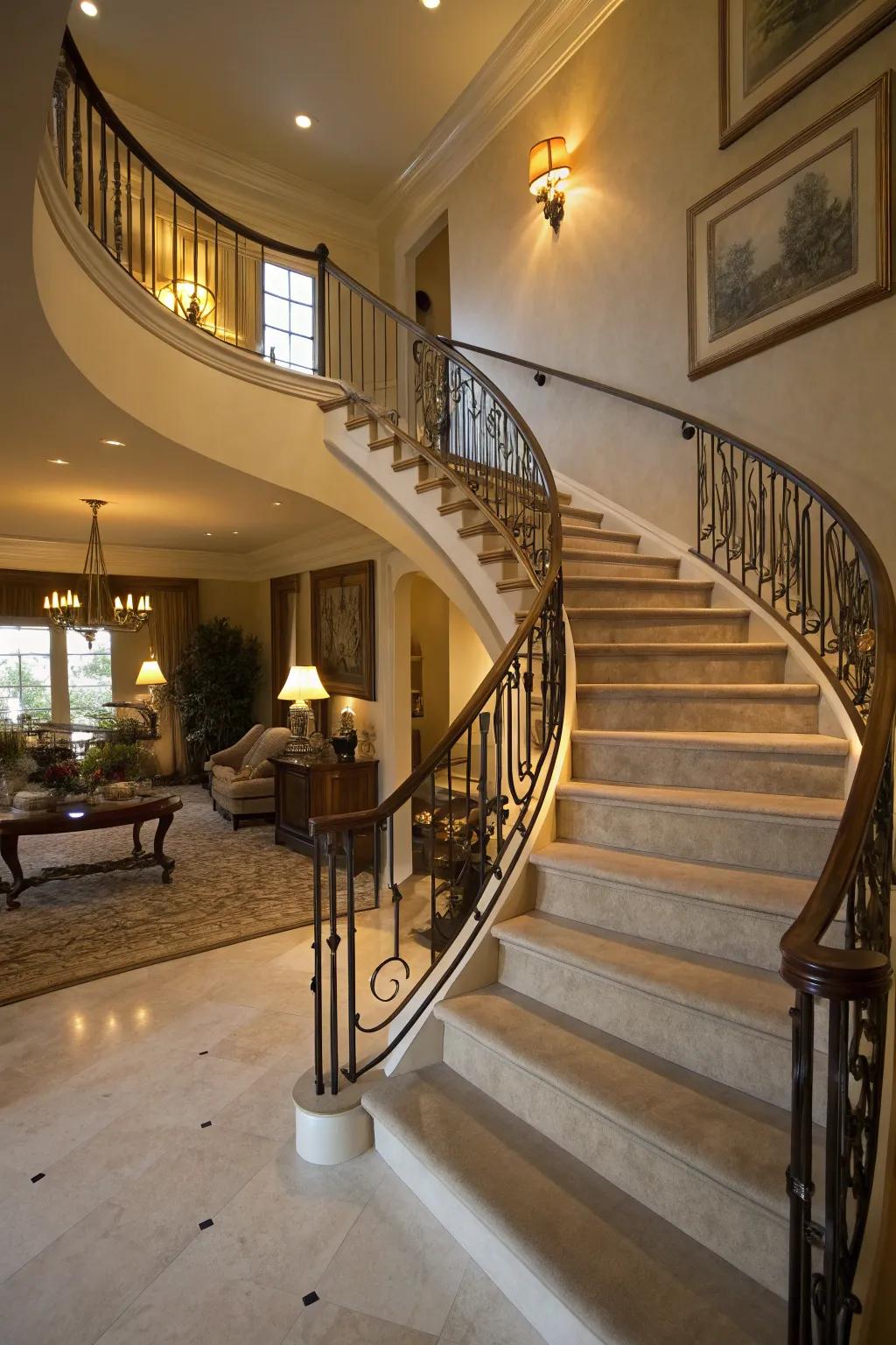 Dynamic elegance with an arched railing.